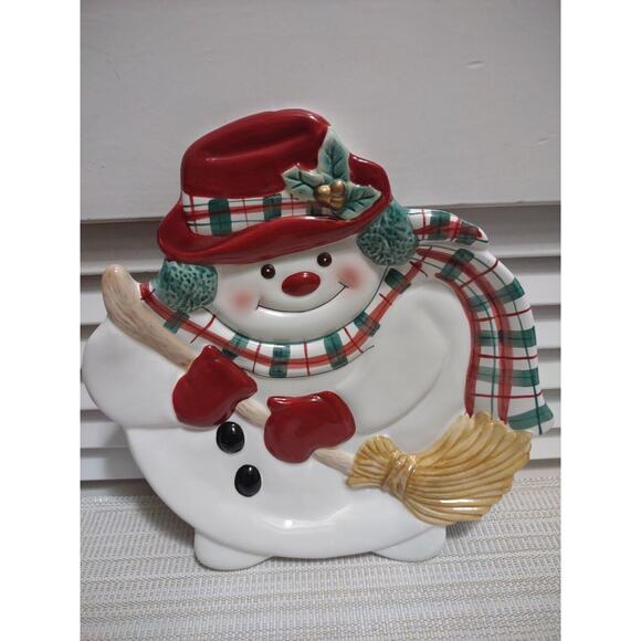 Fitz & Floyd Plaid Christmas 2063/126 Snowman Canapé New In Box 9 x 9 x 1 Inches - Picture 4 of 9